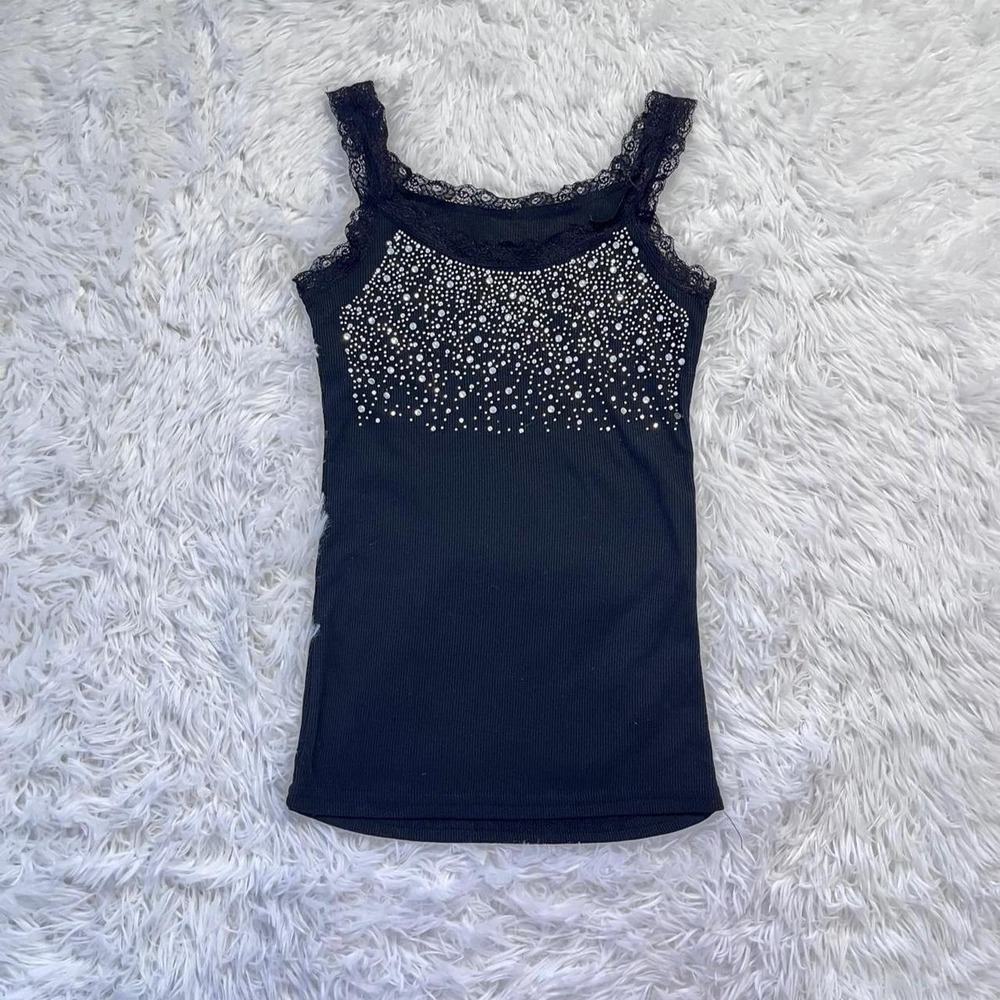 y2k black lace trim beaded sequin tank top xs
